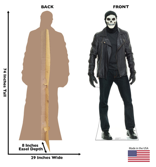 Life-size cardboard standee of a Masked Leather Man with back and front dimensions.