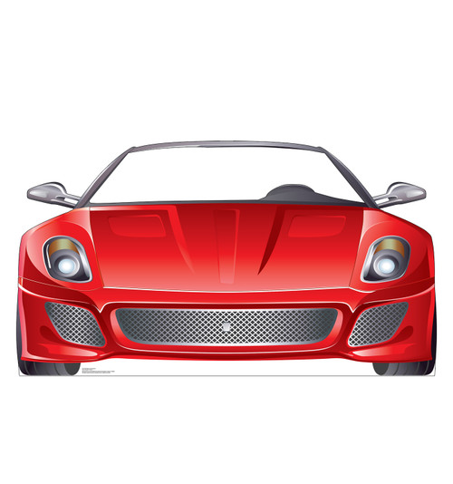 Life-size cardboard standee of a Red Sports Car Standin with.