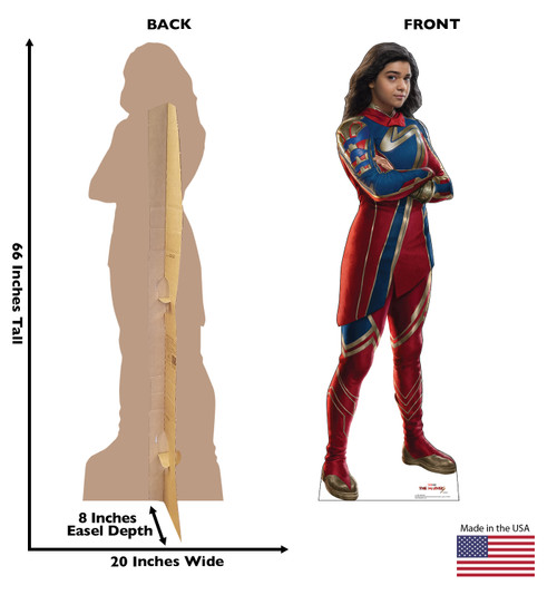 Life-size cardboard standee of Ms. Marvel with back and front dimensions.