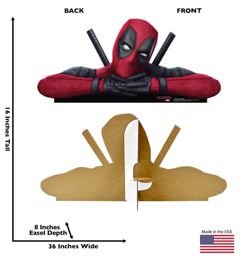 Life-size cardboard standee of Deadpool Tabletop with back and front dimensions.