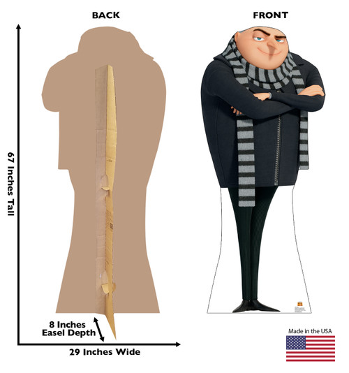 Life-size cardboard standee of Gru with back and front dimensions.