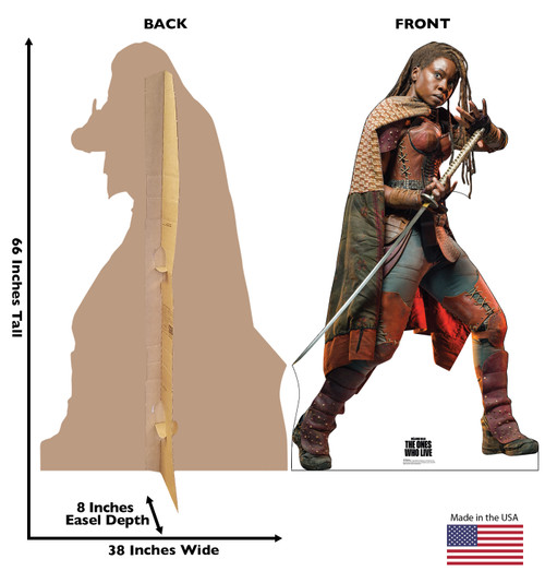 Life-size cardboard standee of Michonne with back and front dimensions.