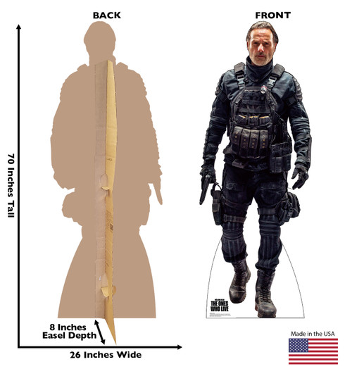 Life-size cardboard standee of Rick Grimes with back and front dimensions.