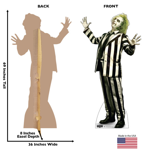 Life-size cardboard standee of Beetlejuice with back and front dimensions.