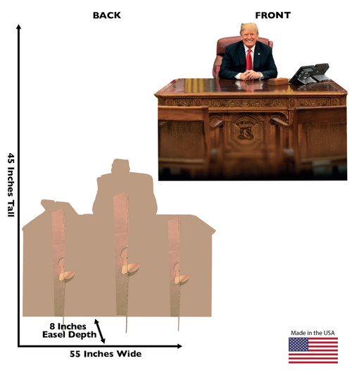 Life-size cardboard standee of President Trump behind desk with back and front dimensions.