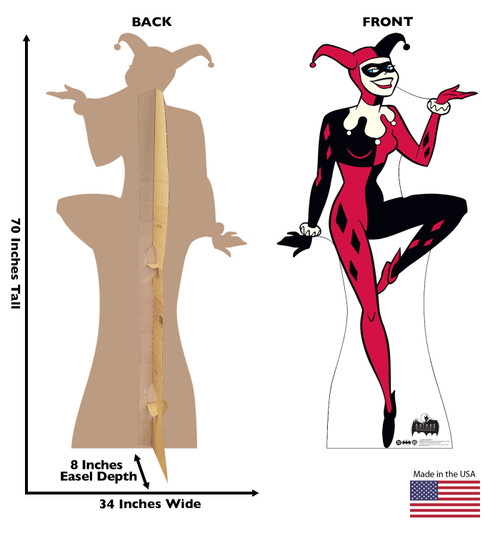 Life-size Cardboard standee of Harley Quinn (Animated Series 1992) with back and front dimensions. Life-size Cardboard standee of Harley Quinn (Animated Series 1992) with back and front dimensions.