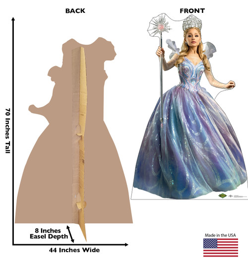 Life-size cardboard standee of Glinda Upland with back and front dimensions.