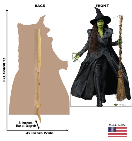 Life-size cardboard standee of Elphaba Thropp with back and front dimensions.