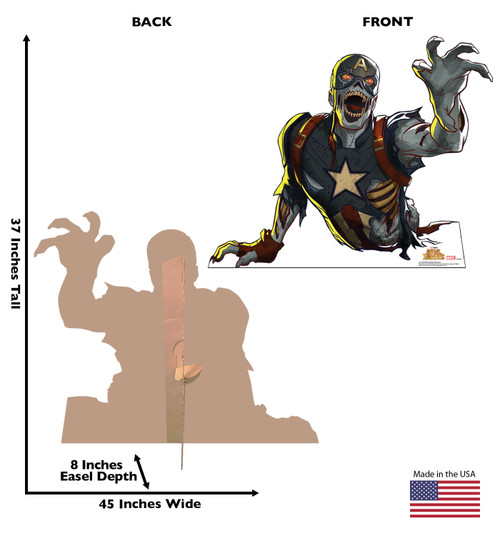Life-size Cardboard standee of Zombie Captain America with back and front dimensions.