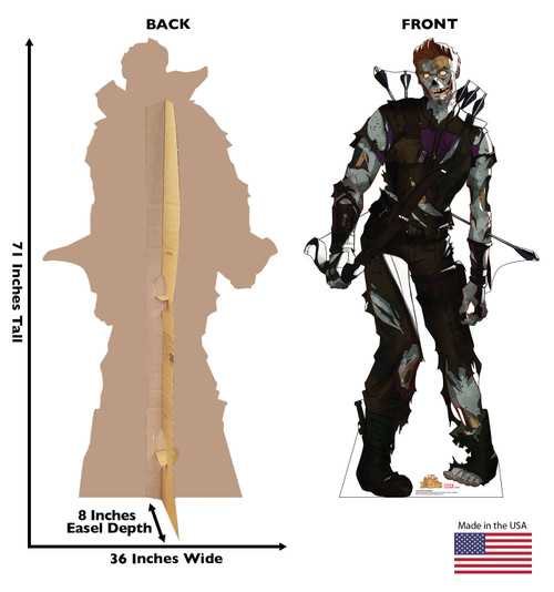 Life-size Cardboard standee of Zombie Hawkeye with back and front dimensions.