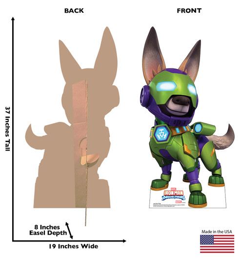 Life-size Cardboard standee of Iron Pup with back and front dimensions.