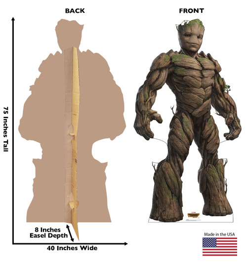 Life-size Cardboard standee of Groot with back and front dimensions.