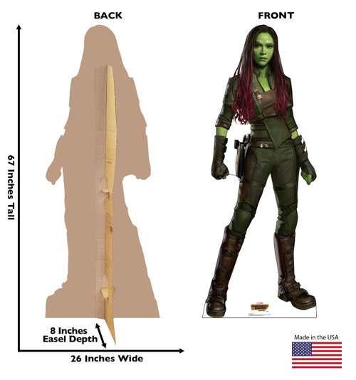 Life-size Cardboard standee of Gamora with back and front dimensions.