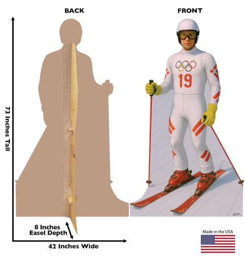 Life-size Cardboard standee of an Olympic Downhill Skier Male with back and front dimensions.