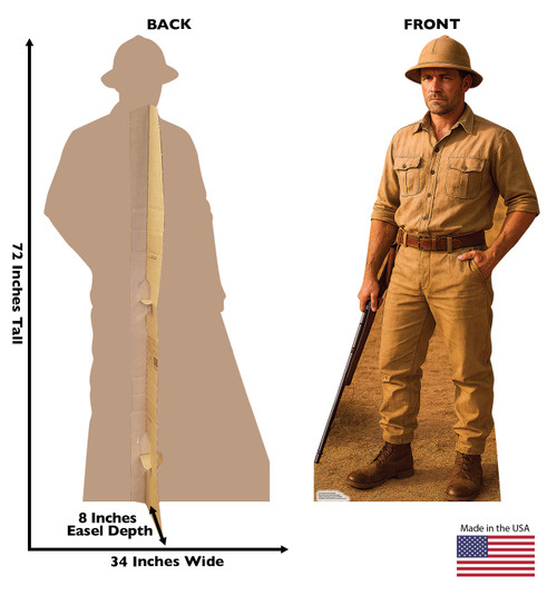 Life-size Cardboard standee of a Hunter African Safari with back and front dimensions.
