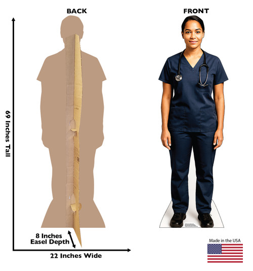Life-size Cardboard standee of a Nurse Navy Blue Scrubs with back and front dimensions.