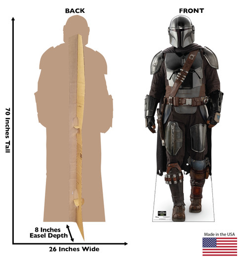 Life-size Cardboard standee of The Mandalorian™ with back and front dimensions.