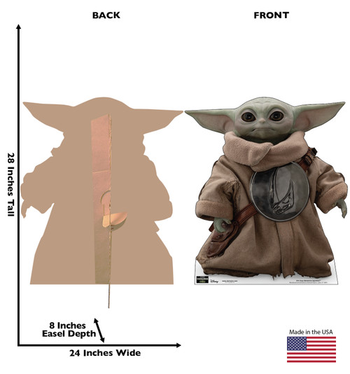 Life-size Cardboard standee of Grogu™ (Mandalorian Apprentice) with back and front dimensions.