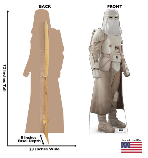 Life-size Cardboard standee of Imperial Remnant Snowtrooper™ with back and front dimensions.