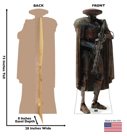 Life-size Cardboard standee of Mercenary Sentry Droid™ with back and front dimensions.