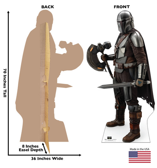 Life-size Cardboard standee of The Mandalorian™ Gear with back and front dimensions.