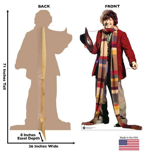 Life-size Cardboard standee of the Fourth Doctor Who with back and front dimensions.