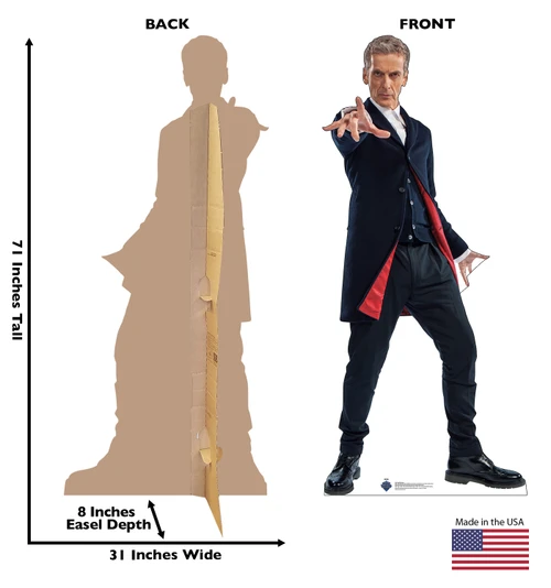 Life-size Cardboard standee of the Twelfth Doctor Who with back and front dimensions.