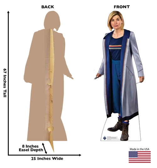 Life-size Cardboard standee of the Thirteenth Doctor Who with back and front dimensions.