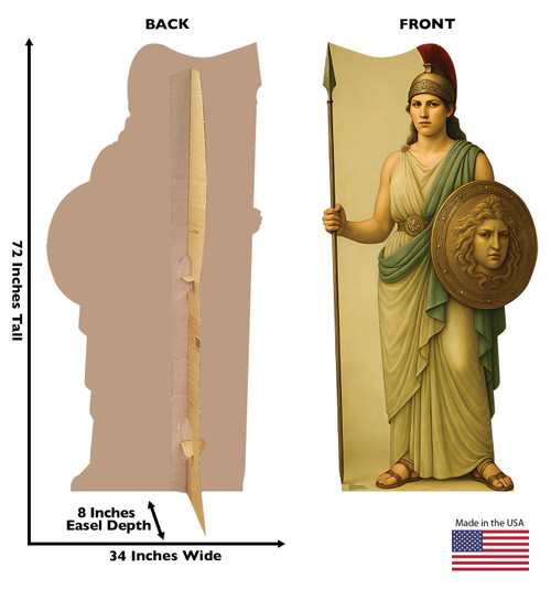 Life-size cardboard standee of Athena Greek God with back and front dimensions.