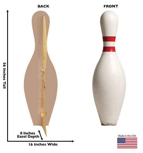 Life-size cardboard standee of a Bowling Pin with back and front dimensions.