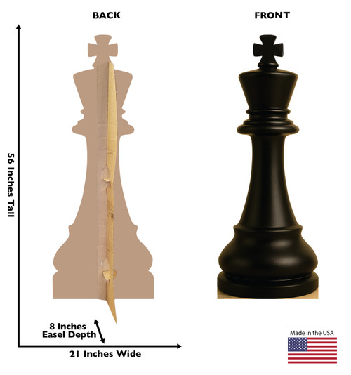 Life-size cardboard standee of Chess King Black with back and front dimensions.