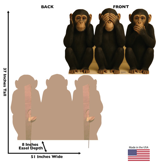 Life-size cardboard standee of Hear, See, Speak No Evil Monkeys with back and front dimensions.