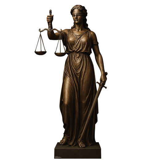 Life-size cardboard standee of Lady Justice.