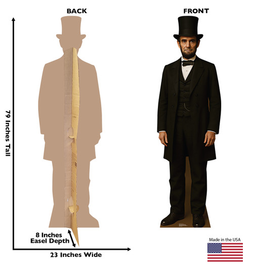 Life-size cardboard standee of President Abraham Lincoln with back and front dimensions.
