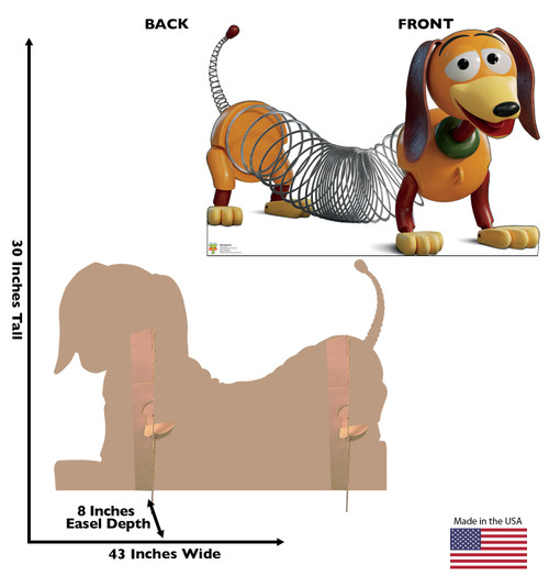 Life-size cardboard standee of Slinky Dog with back and front dimensions.