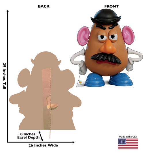 Life-size cardboard standee of Mr. Potato Head with back and front dimensions.