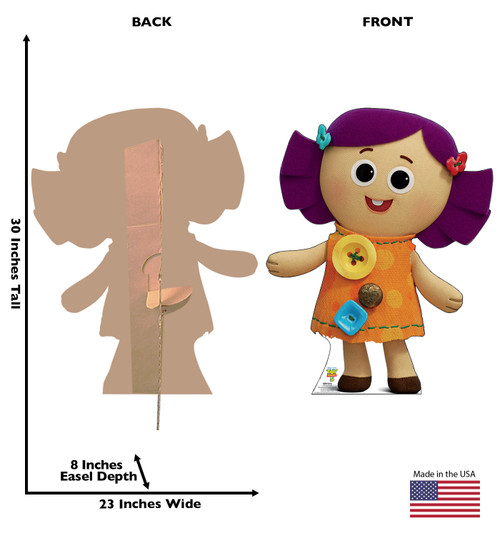 Life-size cardboard standee of Dolly with back and front dimensions.
