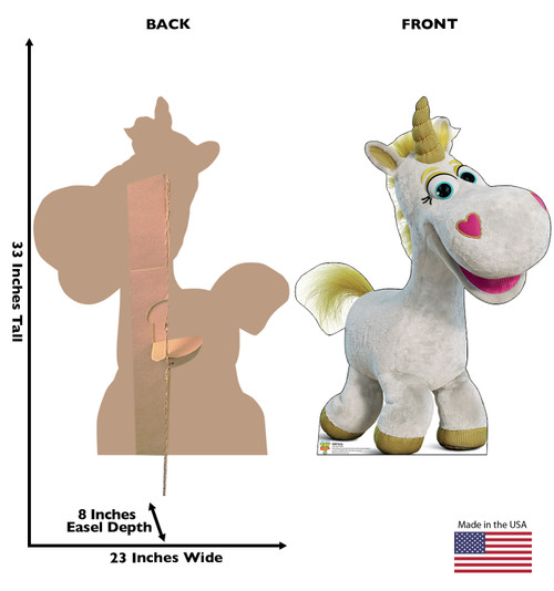 Life-size cardboard standee of Buttercup with back and front dimensions.