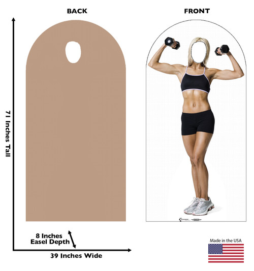 Life-size cardboard stand-in of a muscle women with front and back dimensions.