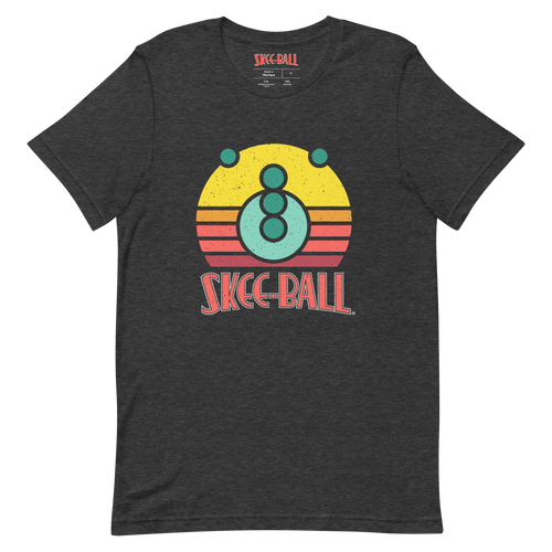 Dark grey t-shirt on a white background, with red Skee-Ball logo underneath various teal, yellow, orange, and red circles in the shape of a Skee-Ball playfield