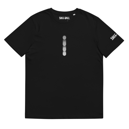 Black t-shirt with four white circles vertically on the front, on the left sleeve there is a white Skee-Ball logo