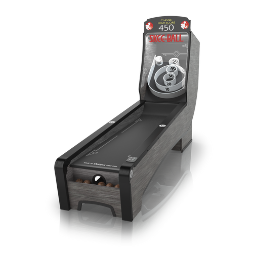 Product image of a Skee-Ball Premium home arcade game facing left, merapi wood finish with sleek steel rails and black cork color on white background