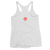 Back of a white women's racerback tank top shirt with red Skee-Ball logo and multi-color playfield circle design