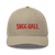 Front of khaki trucker hat with modern Skee-Ball logo in red