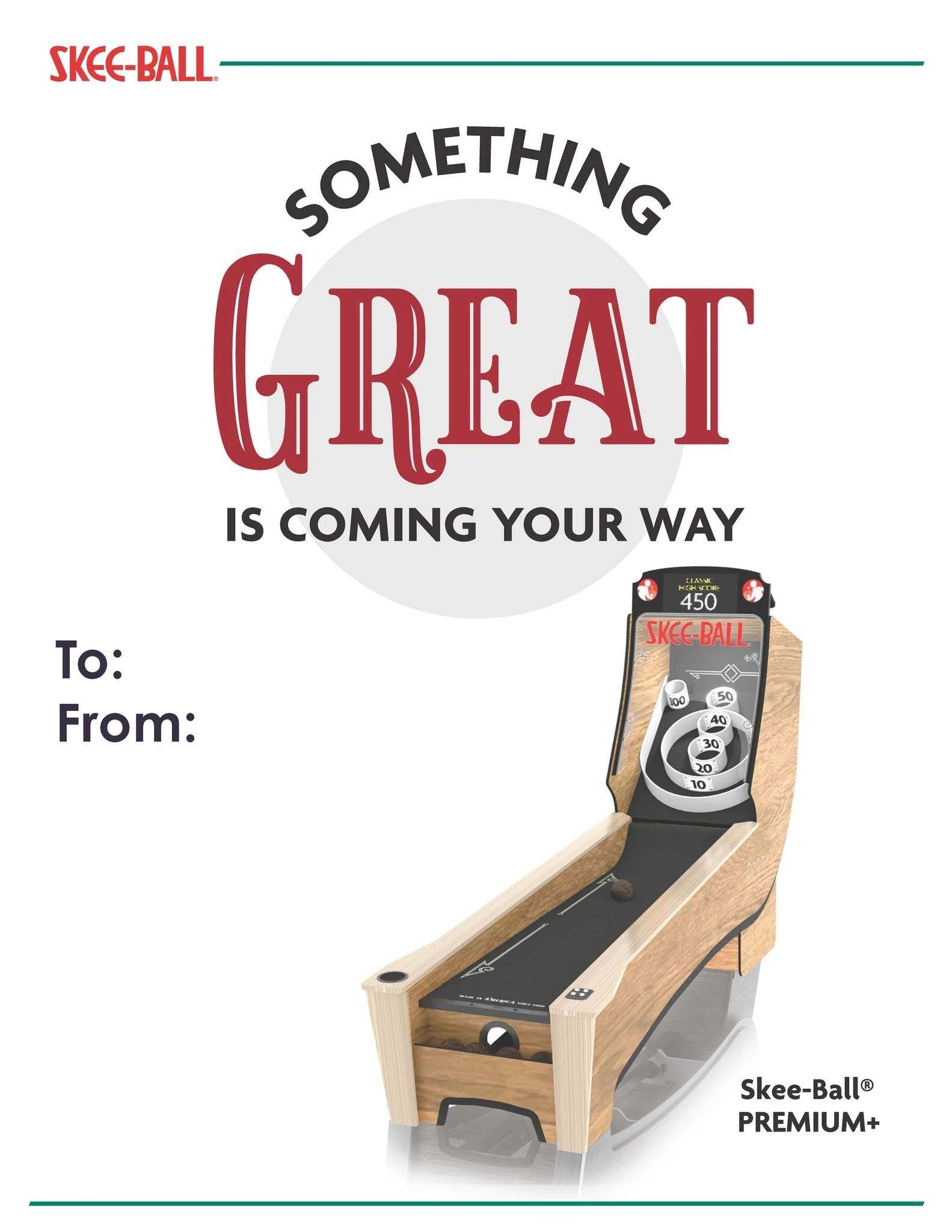 Skee-Ball Premium+ gift announcement card