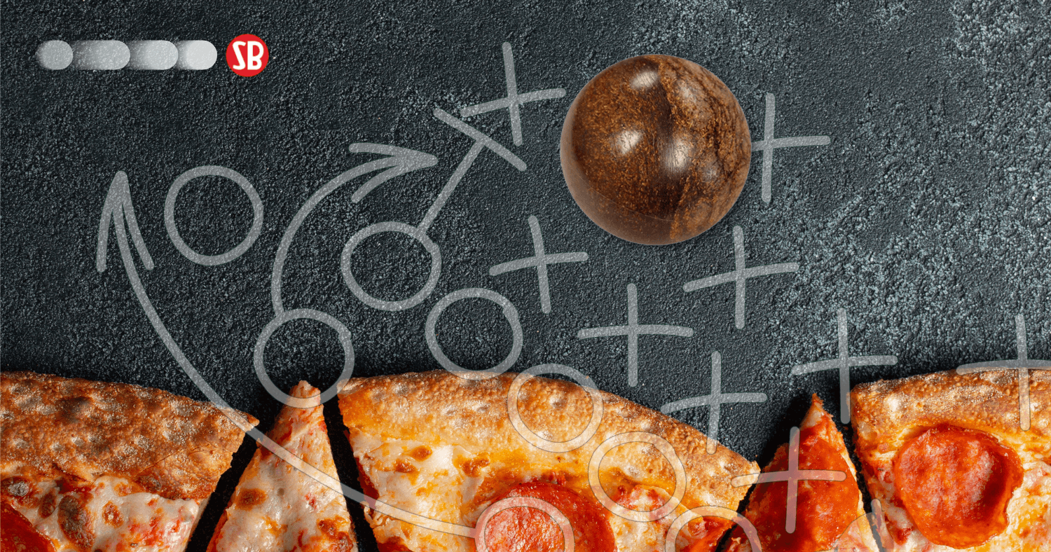 A photo featuring a Skee-Ball Game Ball and a sketch of a football play and pizza to show off Game Day ideas