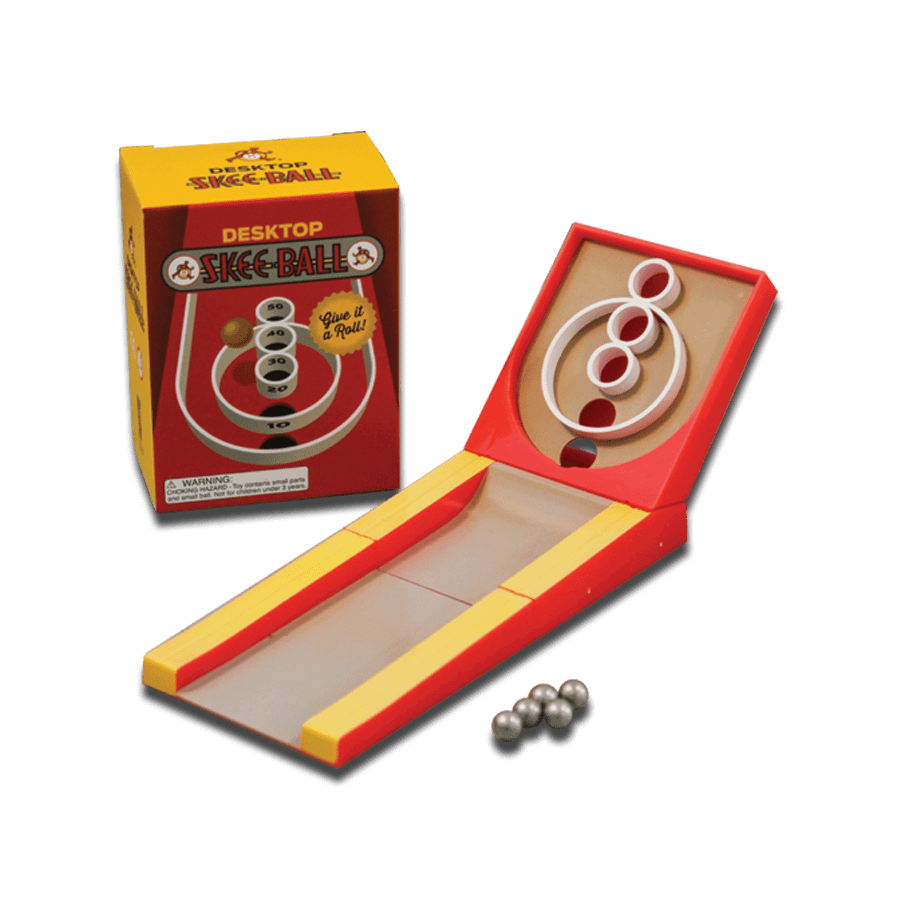 Miniature desktop Skee-Ball game with box and the game outside of the box