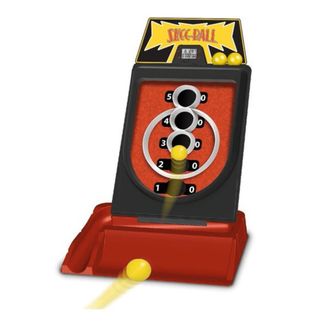 Skee-Ball floor game with yellow ball rolling up into five possible holes with different points