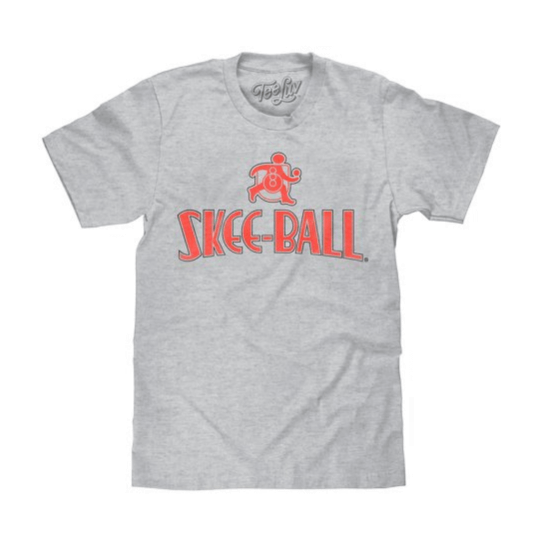 Grey t-shirt with red Skee-Ball logo across the chest and Tee Luv written in the neck tag