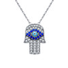 RHODIUM PLATED CLEAR AND BLUE CZ HAMSA HAND NECKLACE WITH LIGHT BLUE EYE 16"+1" ADJUSTABLE